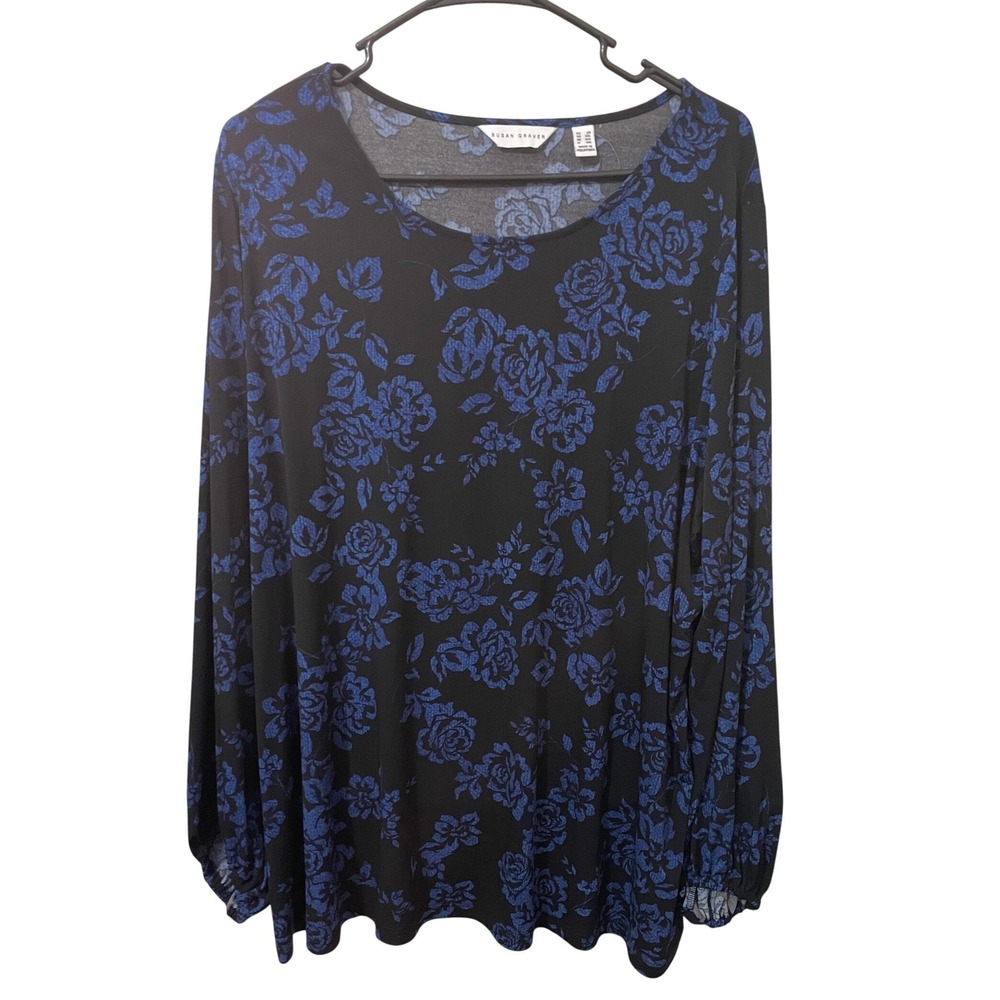 Susan Graver Womens 2X Liquid Knit Blue Floral Black Long Sleeve Blouse Top